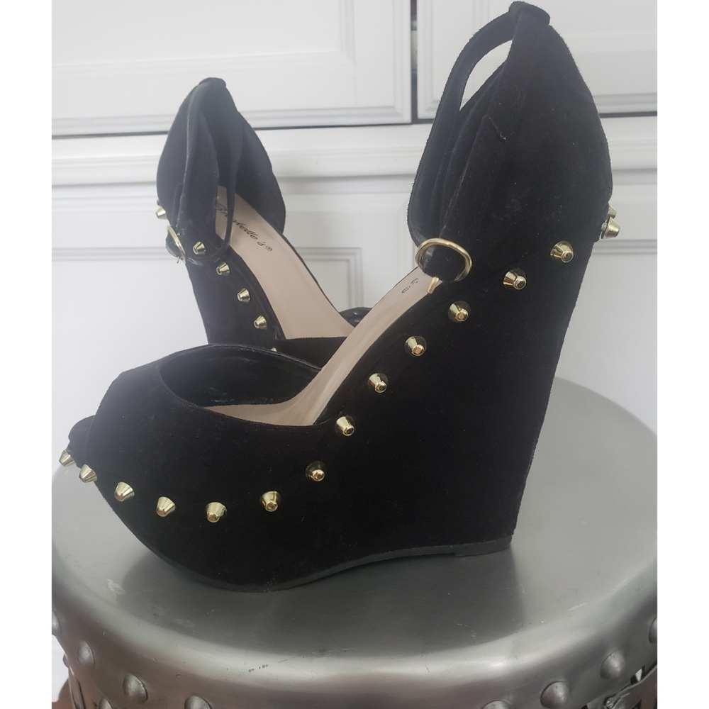 Vegan Suede Wedge Sandal with Gold Studs